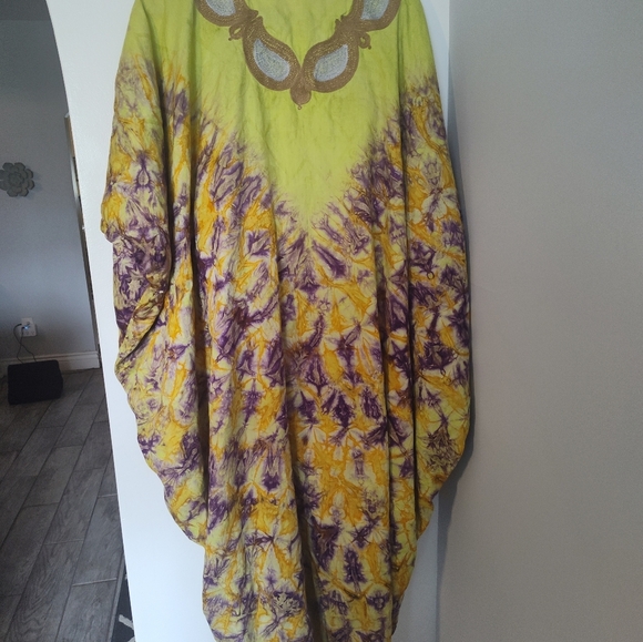 Vintage Tie Dye, Boho,Vibrant Yellow and Purple Kaftan Dress One Size #316 - Picture 4 of 4